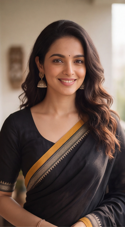 Narayanpet Saree - Black with Mustard Border - NPEQ022