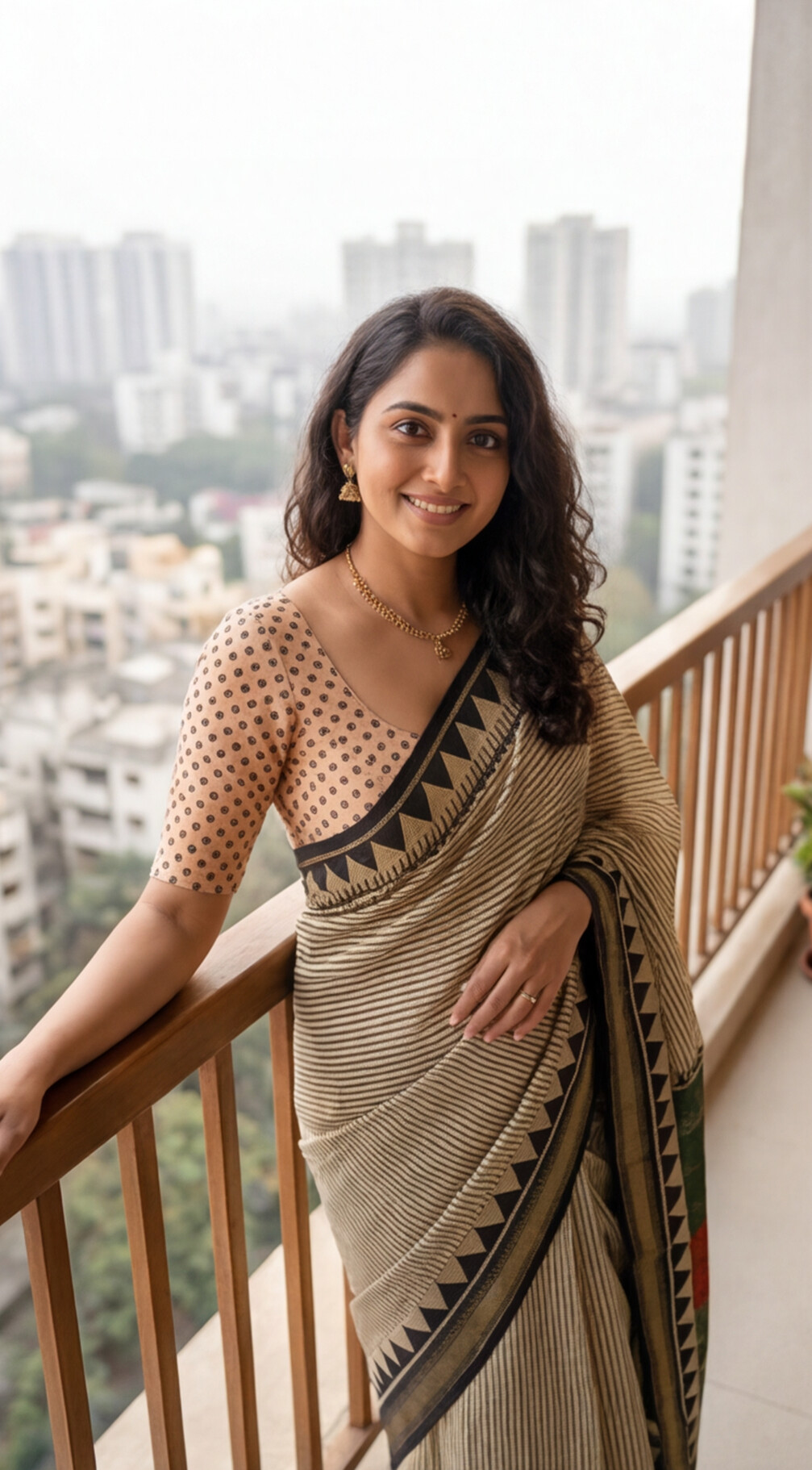Maheshwari Silk Saree - Off-White with Black Stripes and Green Pallu