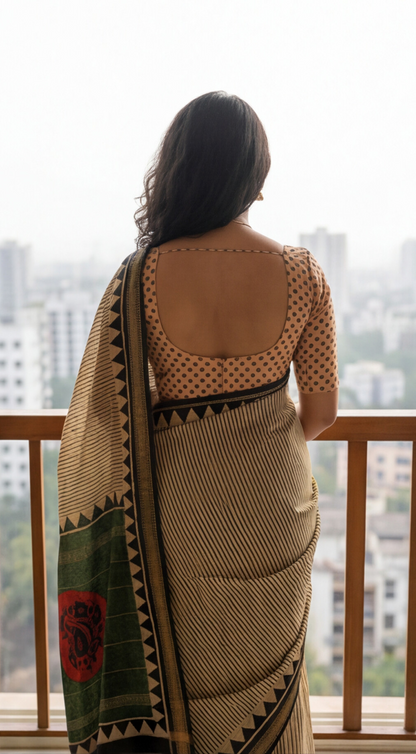 Maheshwari Silk Saree - Off-White with Black Stripes and Green Pallu