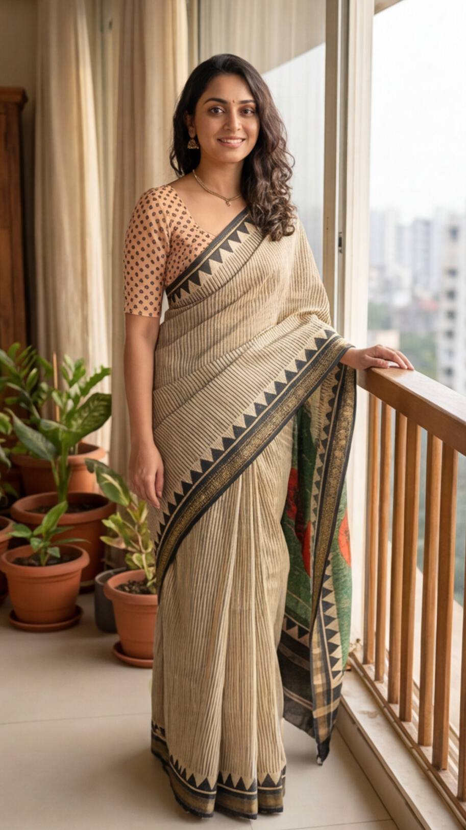 Maheshwari Silk Saree - Off-White with Black Stripes and Green Pallu