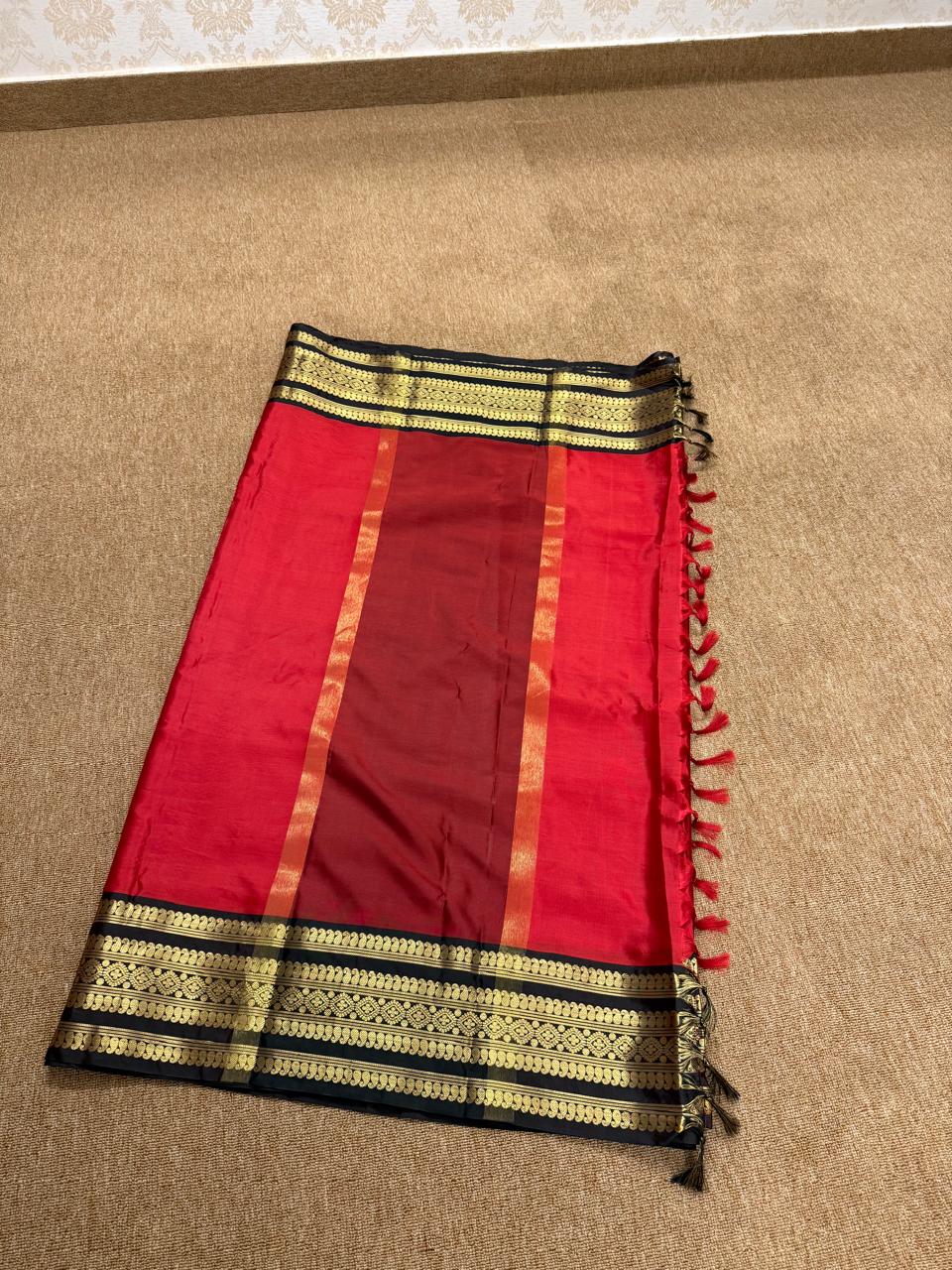 Banarasi Soft Katan Silk Saree - Red with Black - BKSEQ001