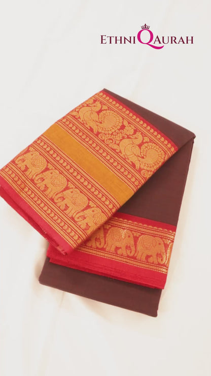 Traditional Kanchi Cotton - Rich Coffee Brown with Festive Red & Gold Zari - TKCEQ014