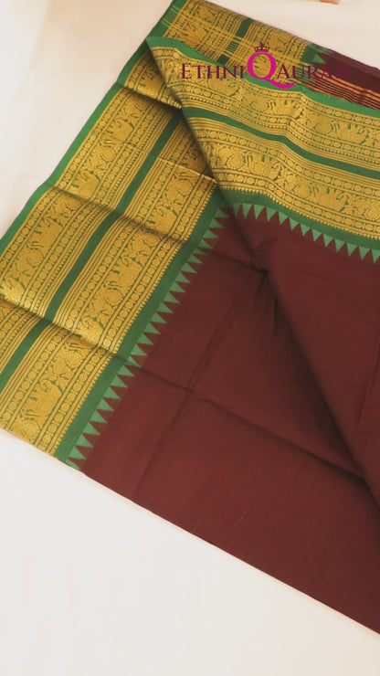 Traditional Kanchi Cotton -  Dark Coffee Brown with Earthy Green  - TKCEQ012