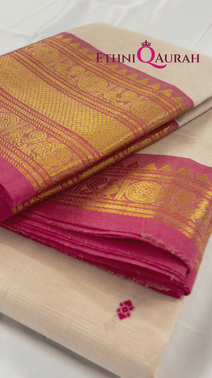Traditional Kanchi Cotton - Off White with Deep Pink Border - TKCEQ001