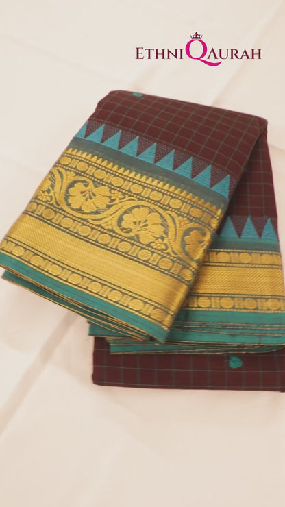 Traditional Kanchi Cotton - Checked Coffee Brown with Teal Blue & Gold Zari - TKCEQ013