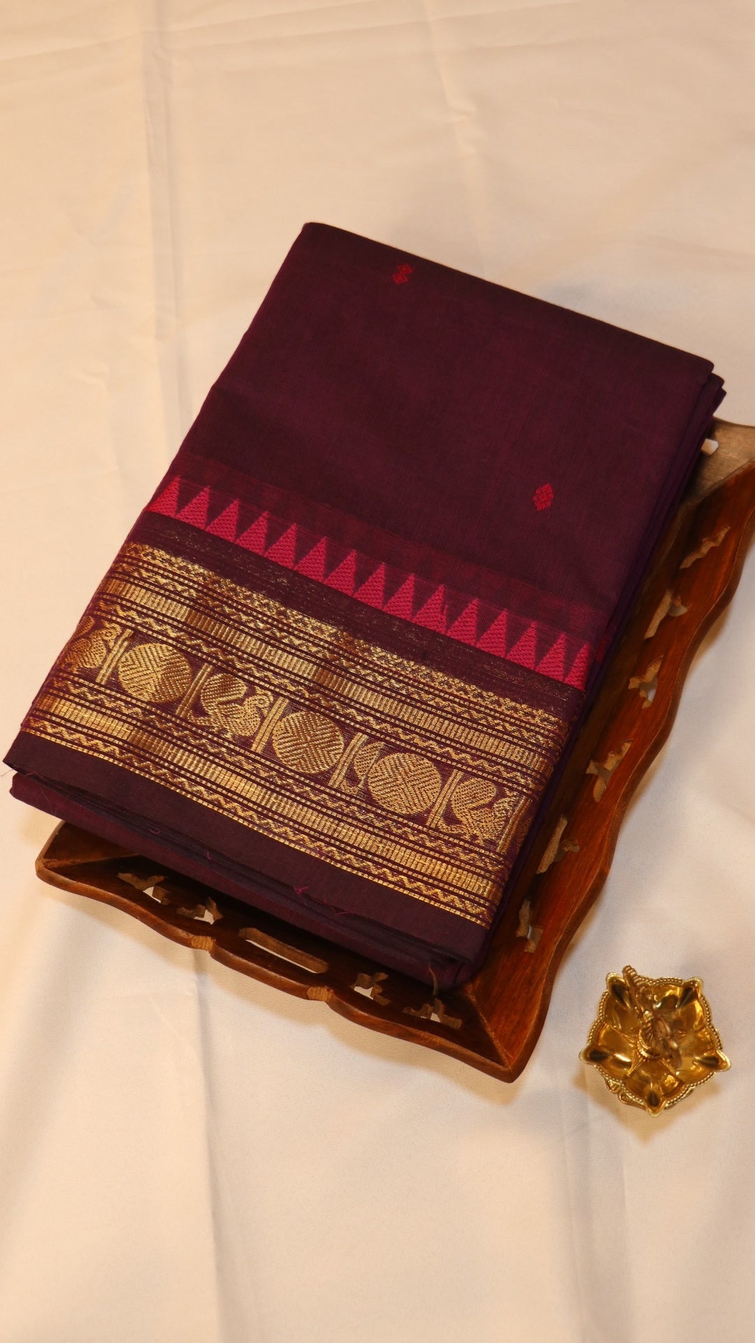 Traditional Kanchi Cotton -  Deep Purple with Pink Korvai & Gold Zari  - TKCEQ040