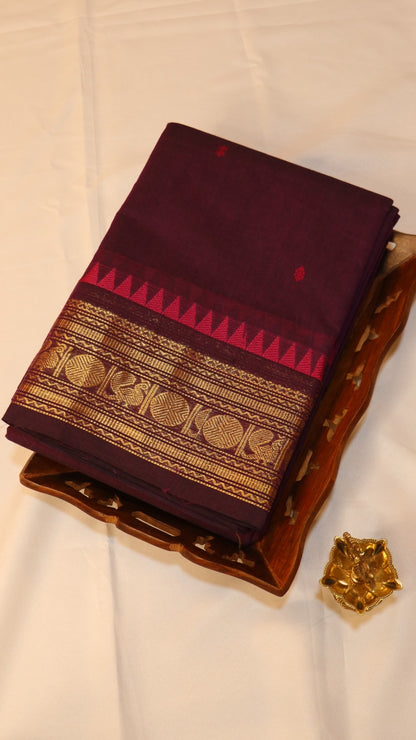 Traditional Kanchi Cotton -  Deep Purple with Pink Korvai & Gold Zari  - TKCEQ040