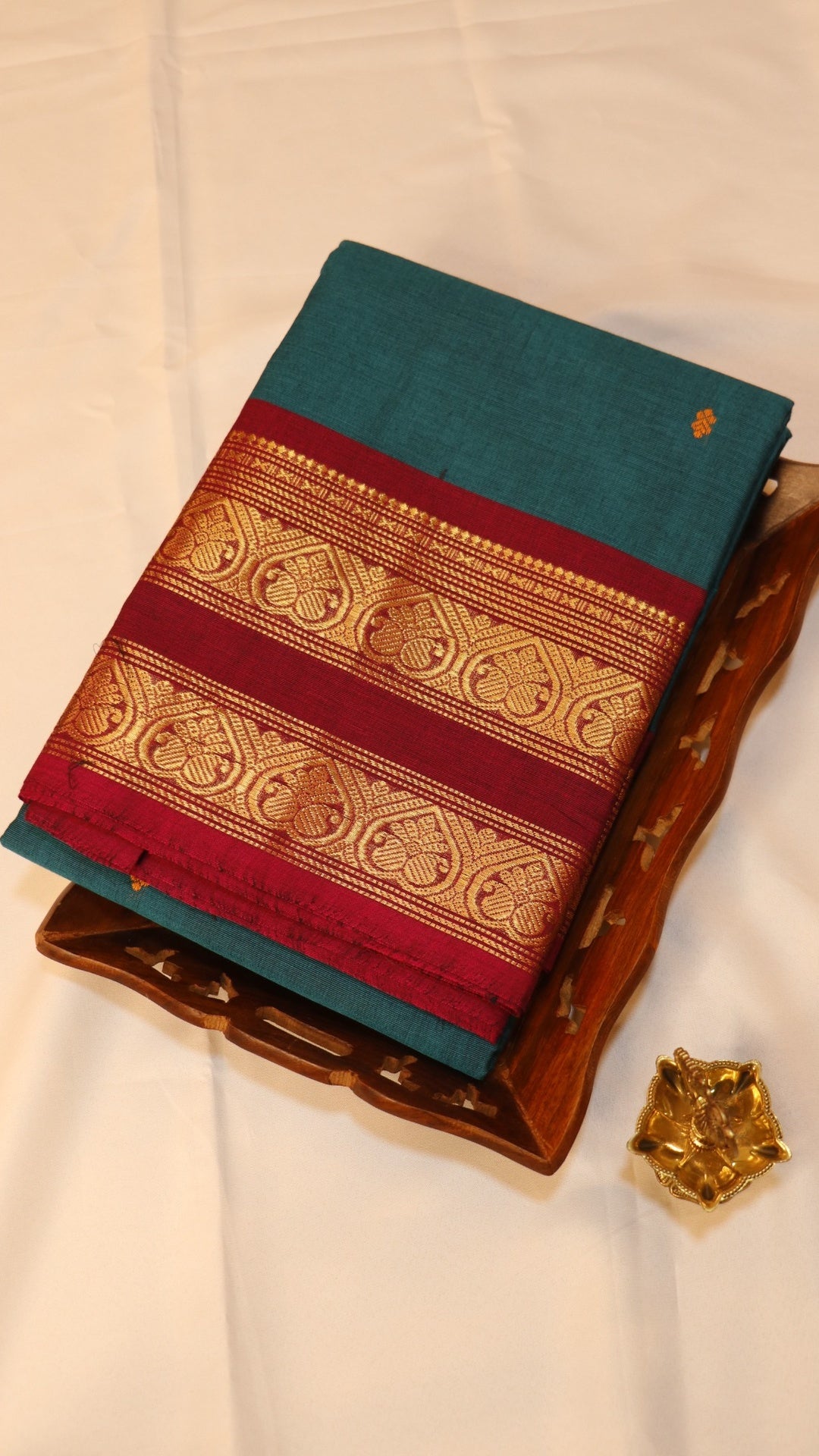 Traditional Kanchi Cotton -  Teal Blue with Magenta Pink & Gold Zari - TKCEQ038