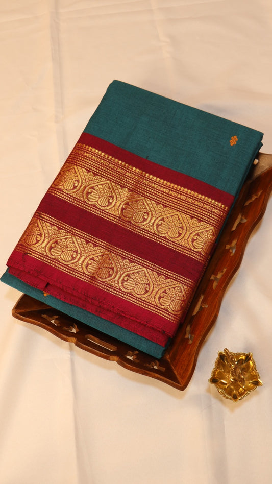 Traditional Kanchi Cotton -  Teal Blue with Magenta Pink & Gold Zari - TKCEQ038