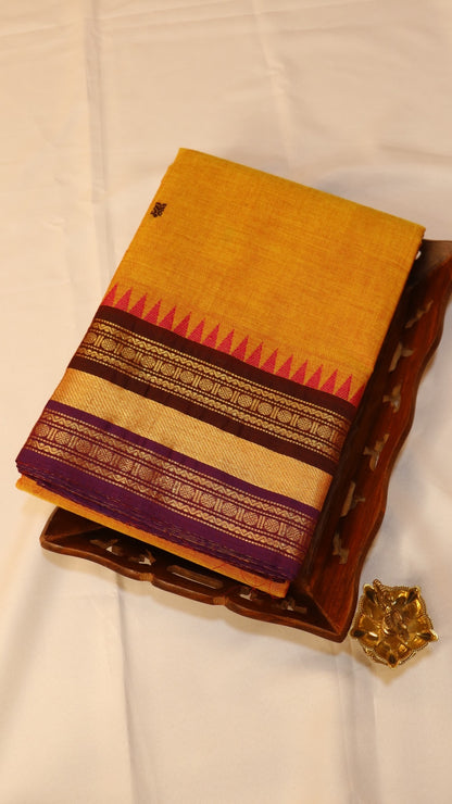 Traditional Kanchi Cotton - Bright Mango Yellow with Deep Purple & Gold Zari - TKCEQ057