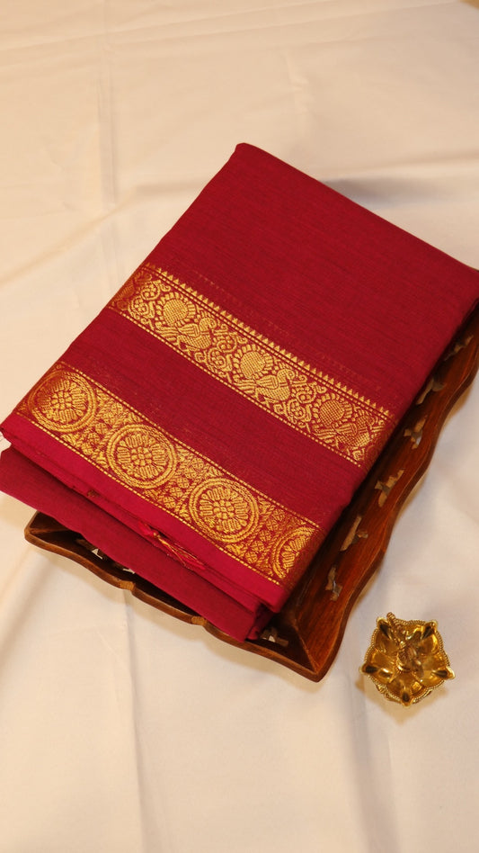 Traditional Kanchi Cotton -  Deep Pink with Gold Zari Rettapetta Border - TKCEQ031