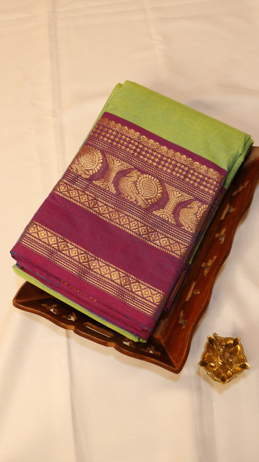 Traditional Kanchi Cotton - Parrot Green with Magenta - TKCEQ029