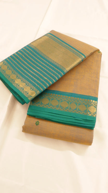 Traditional Kanchi Cotton - Mist Grey with Peacock Turquoise Blue - TKCEQ005