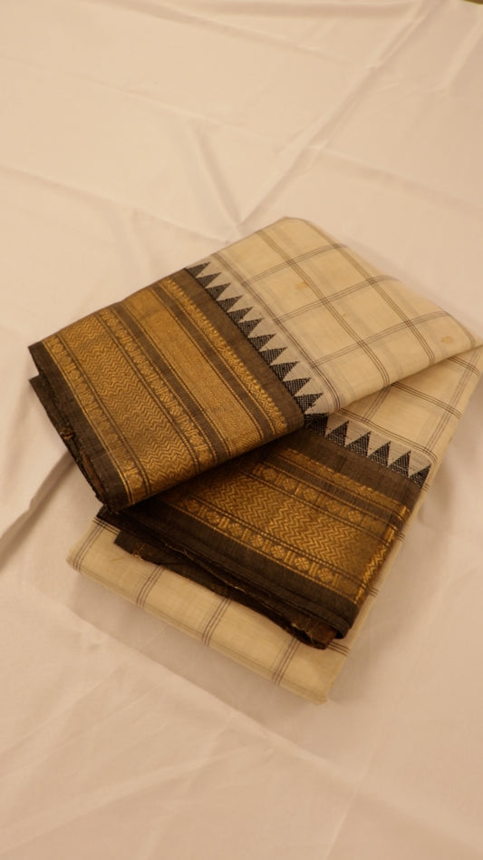 Traditional Kanchi Cotton - Ivory Off-White with Charcoal Grey - TKCEQ009