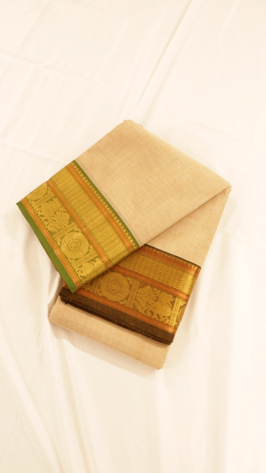 Traditional Kanchi Cotton - Off-White with Olive Green and Brown Border - TKCEQ028